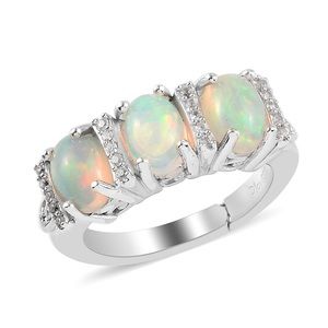 Ethiopian Welo Opal and Zircon Three Stone Ring